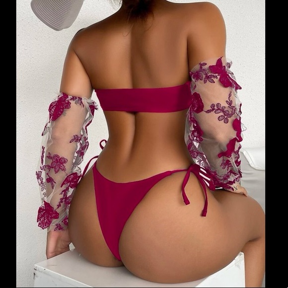 V Wired Embroidery Mesh Sleeves Bikini Swimsuit💖 - Picture 2 of 8